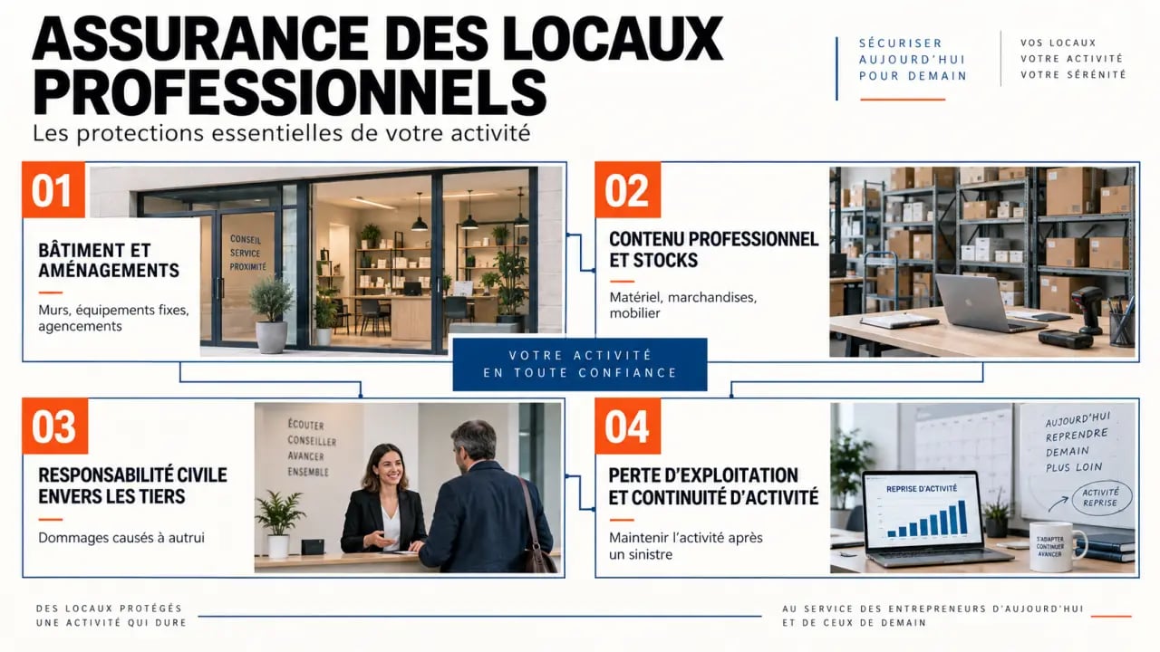Assurer ses locaux professionnels : schéma des garanties pour le bâtiment, le contenu, la responsabilité civile et la perte d’exploitation