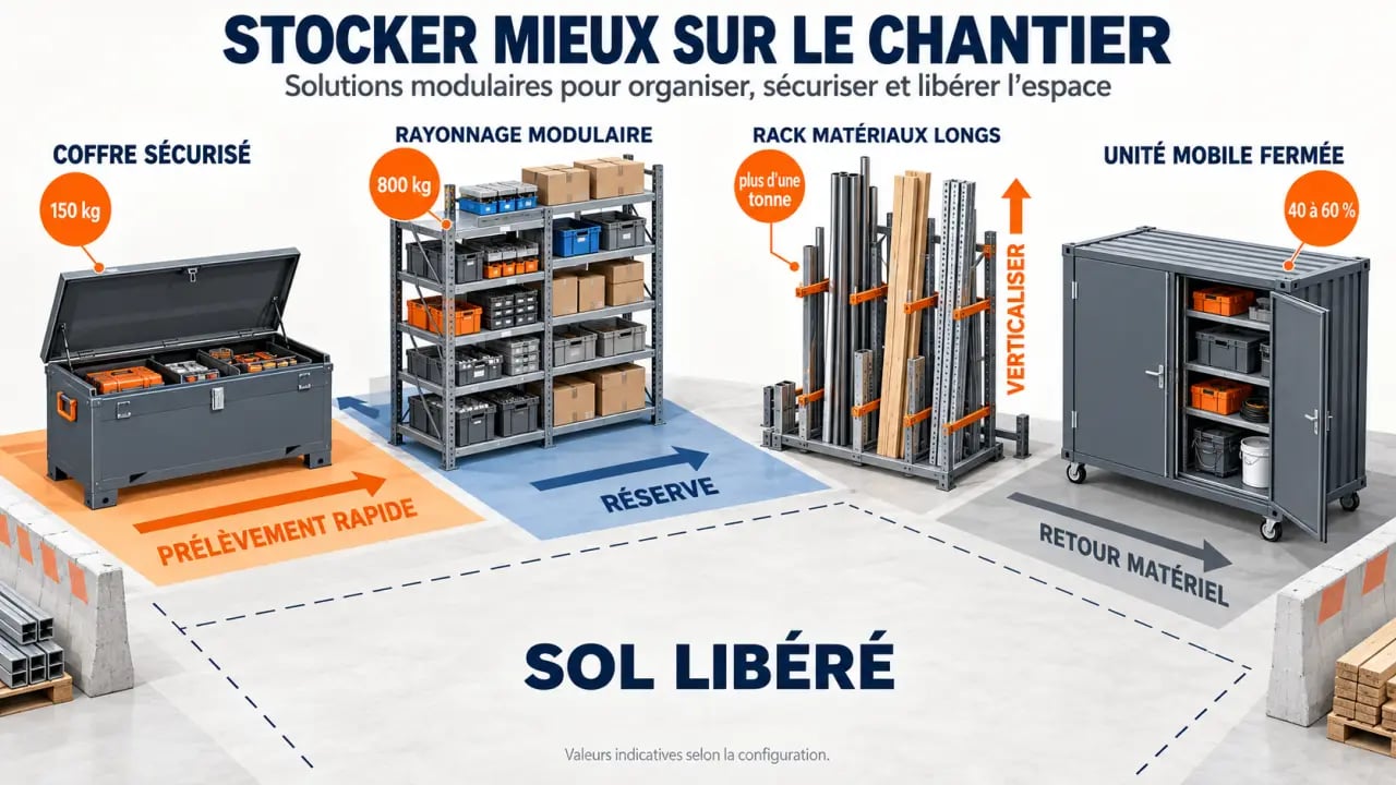 Optimiser le stockage de chantier avec des solutions modulaires : coffre, rayonnage, rack et conteneur mobile