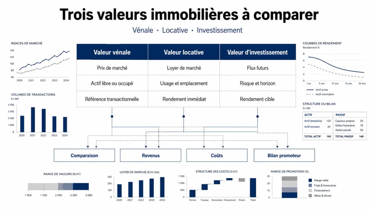 L'importance de l'expertise immobilière pour sécuriser vos investissements professionnels : comparatif visuel des valeurs vénale, locative et d’investissement